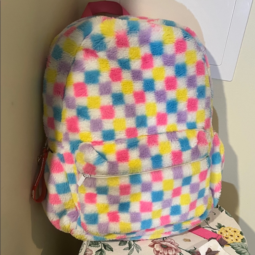 Claire's Fuzzy Multicolor Checkered Backpack